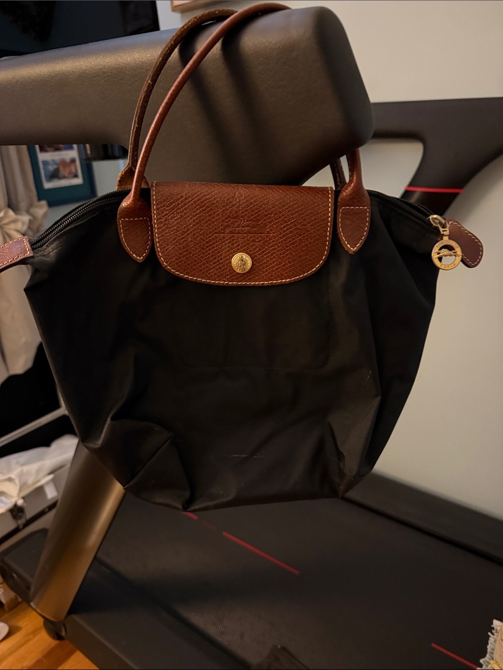 Longchamp Black Nylon Small Tote with Brown Leather Trim